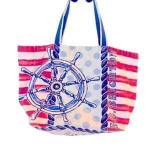 S.S. BRIGHTON Nautical Canvas Beach Tote Sail Away Anchor Ship Wheel Stripe XL